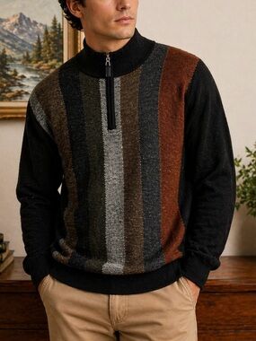 Tagio Men’s Quarter Zip Sweater Wool Blend Striped Black Gray Brown Pullover XL